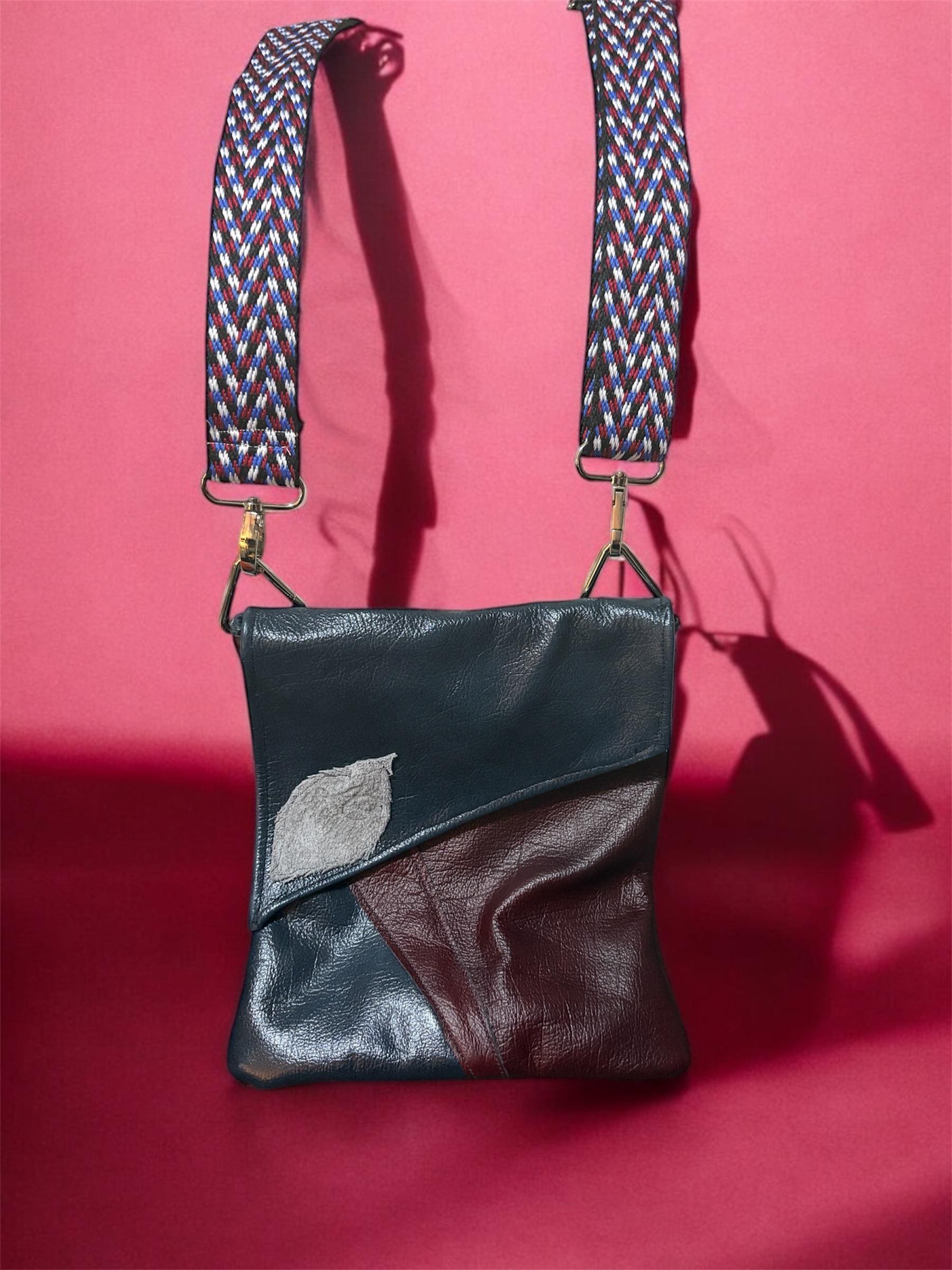 Handmade Leather Crossbody Bag – Deep Teal, Maroon & Grey Leaf Patch | Lee Charles Designs