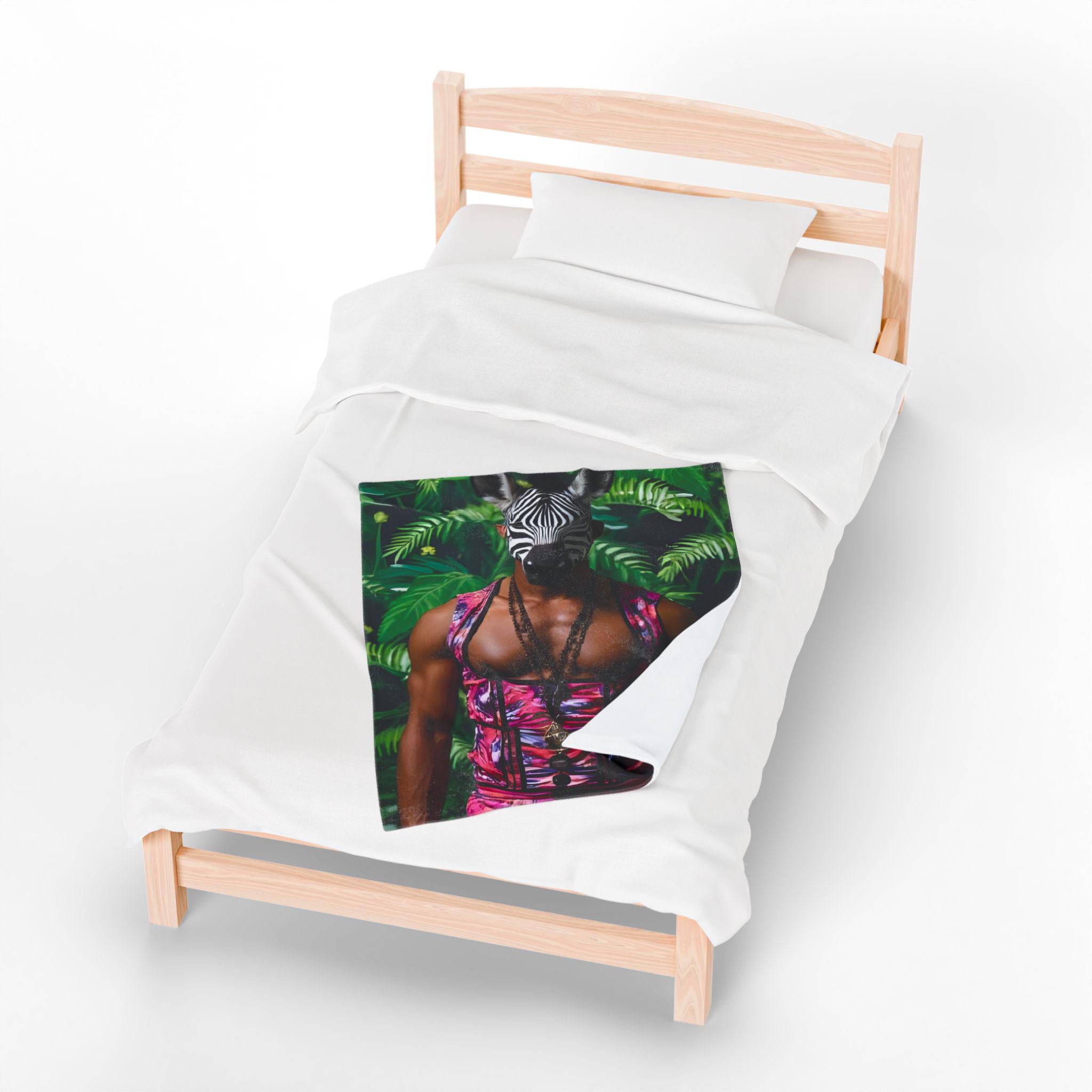 Velveteen Blanket, Tropical Corseted Man with Zebra Head, Haus of Edit, Home Decor, Dorm Bedding, Cozy Throw, Gift for Her