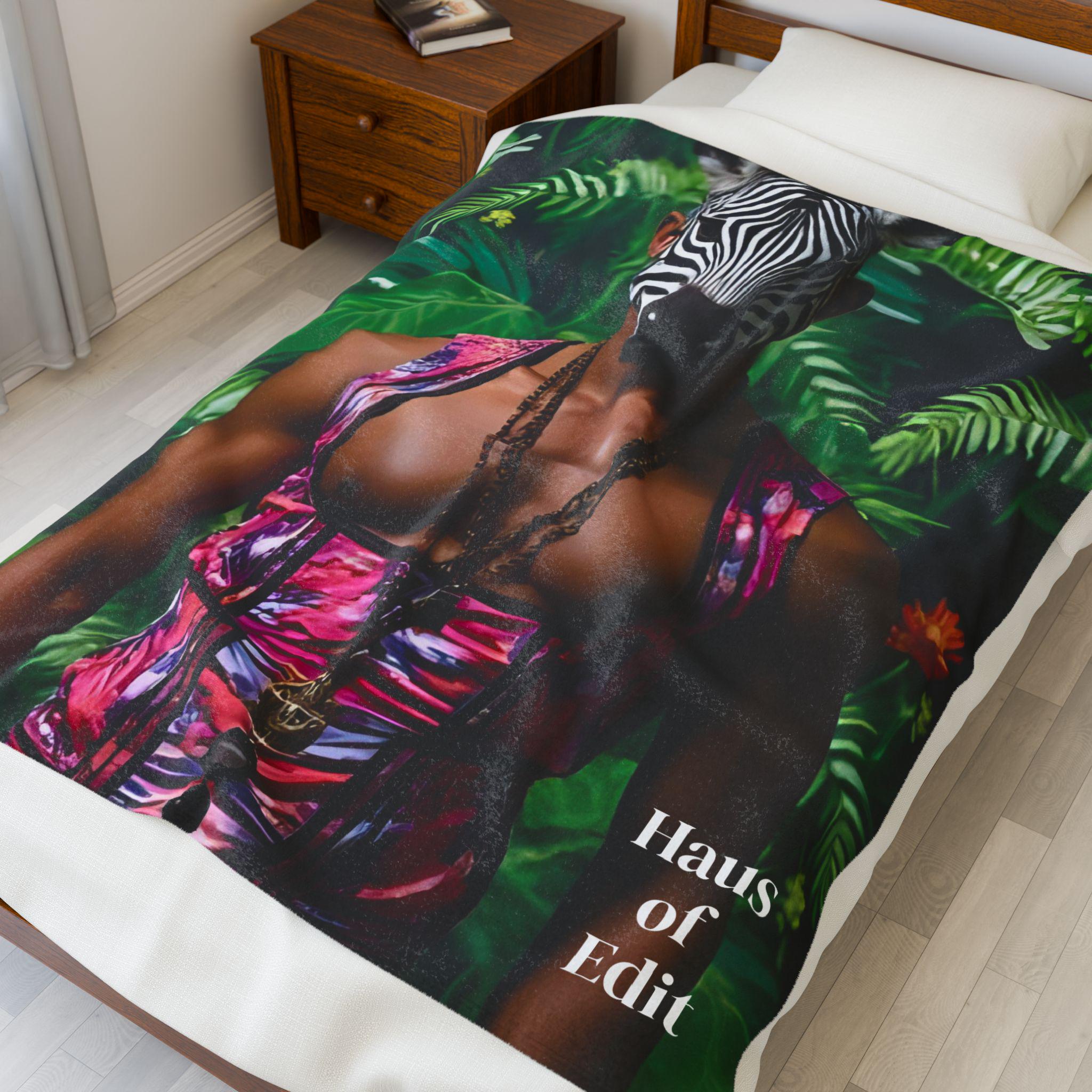 Velveteen Blanket, Tropical Corseted Man with Zebra Head, Haus of Edit, Home Decor, Dorm Bedding, Cozy Throw, Gift for Her