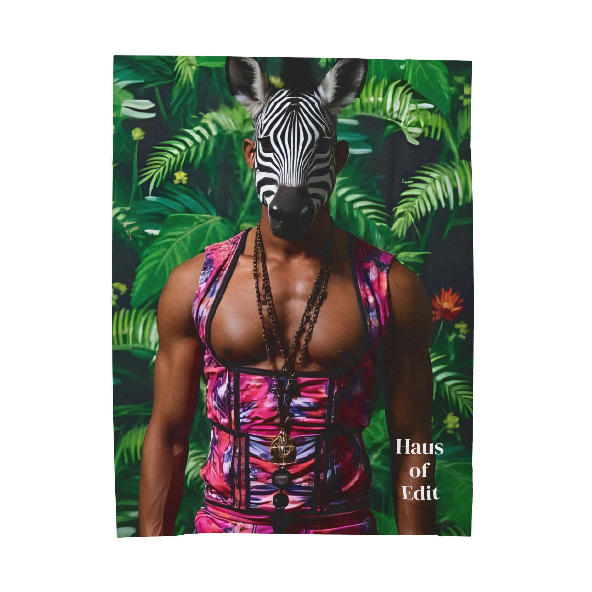 Velveteen Blanket, Tropical Corseted Man with Zebra Head, Haus of Edit, Home Decor, Dorm Bedding, Cozy Throw, Gift for Her