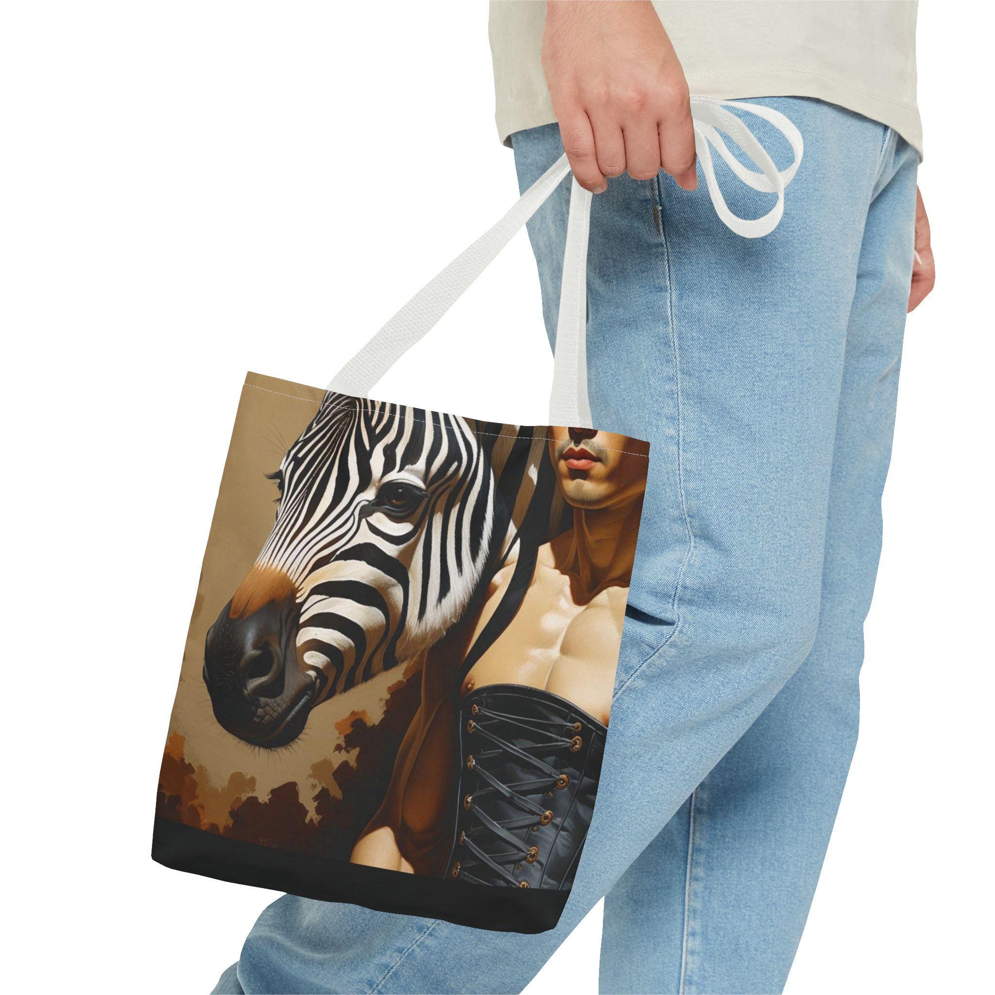 Artistic Tote Bag with Zebra & Bold Text, Fashionable Statement Bag, Unique Gift for Art Lovers, Stylish Daily Carry, Eco-Friendly Shopping