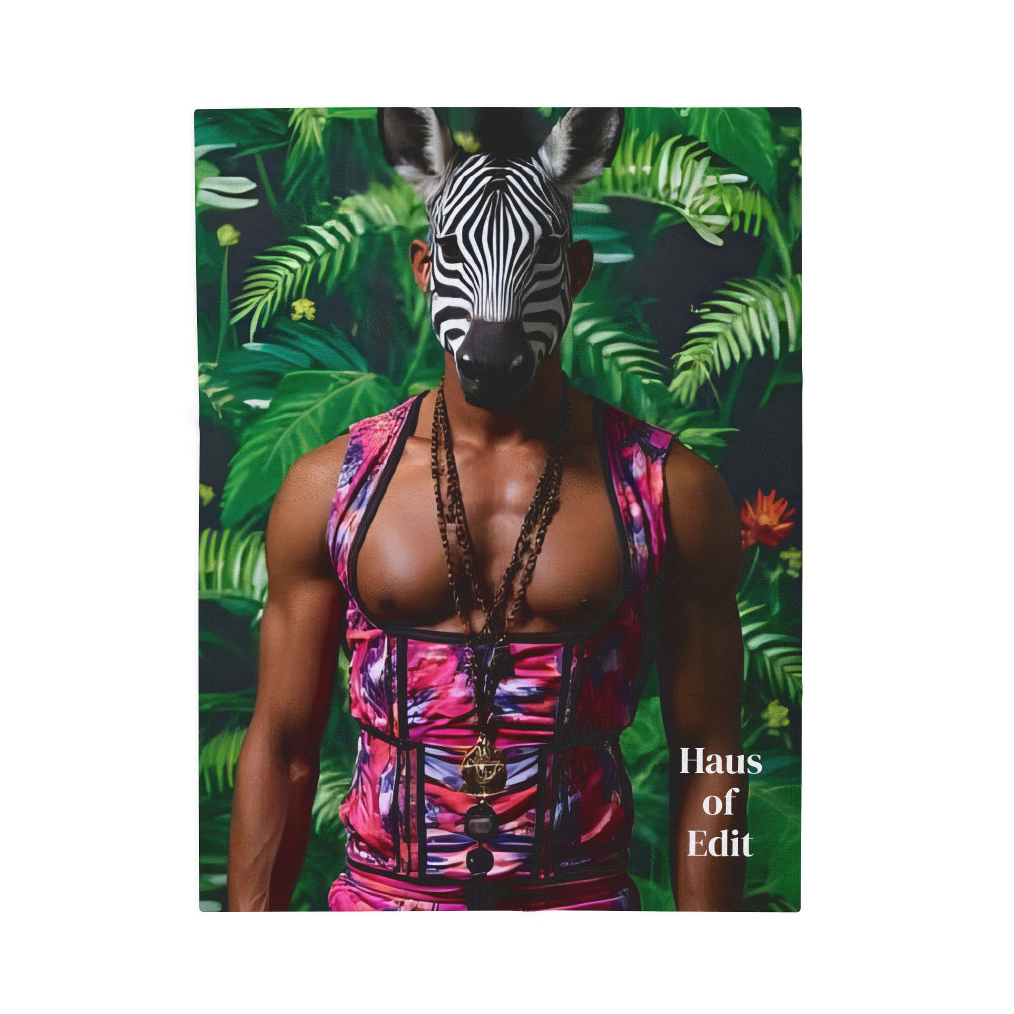 Velveteen Blanket, Tropical Corseted Man with Zebra Head, Haus of Edit, Home Decor, Dorm Bedding, Cozy Throw, Gift for Her
