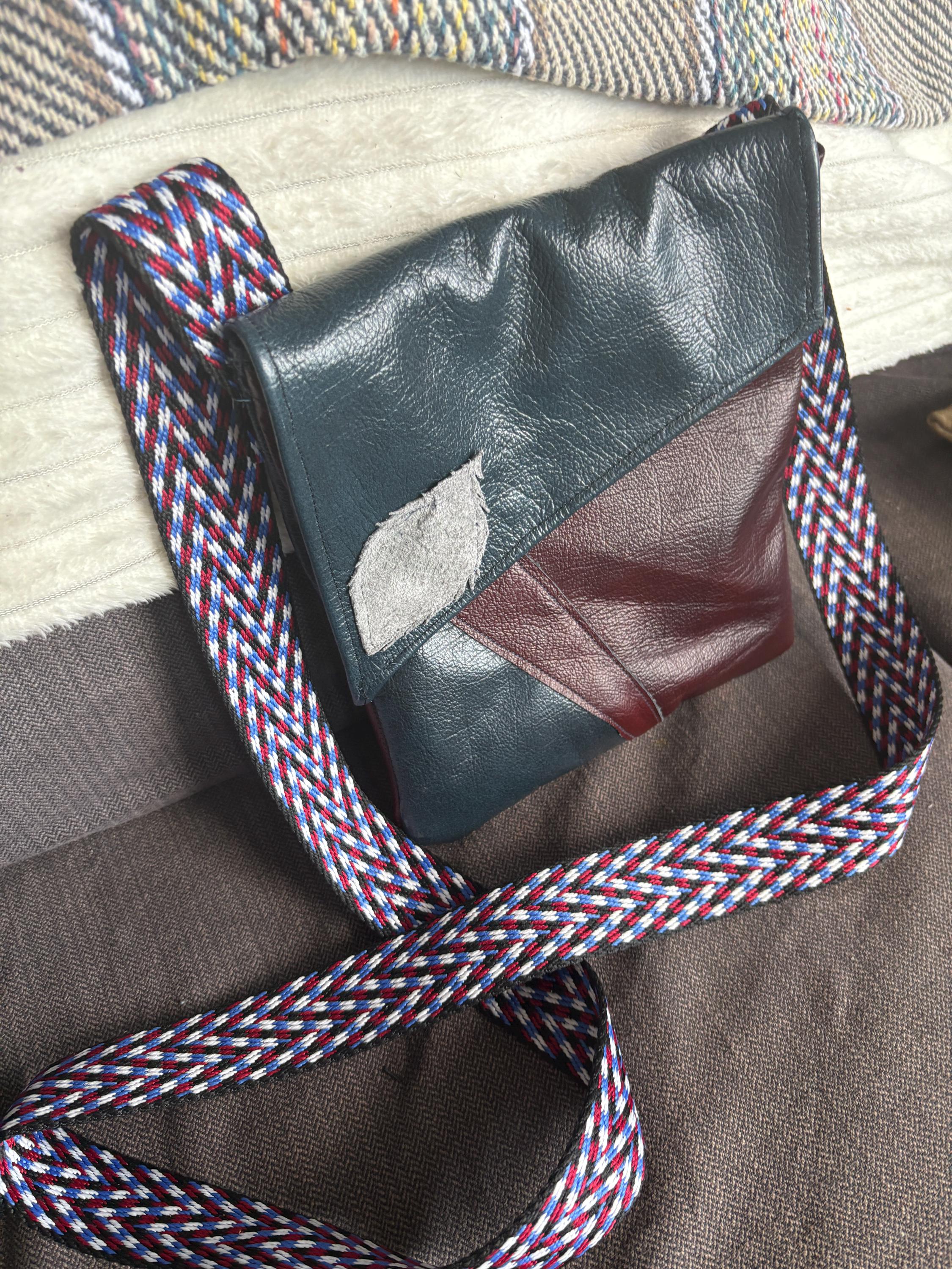 Handmade Leather Crossbody Bag – Deep Teal, Maroon & Grey Leaf Patch | Lee Charles Designs