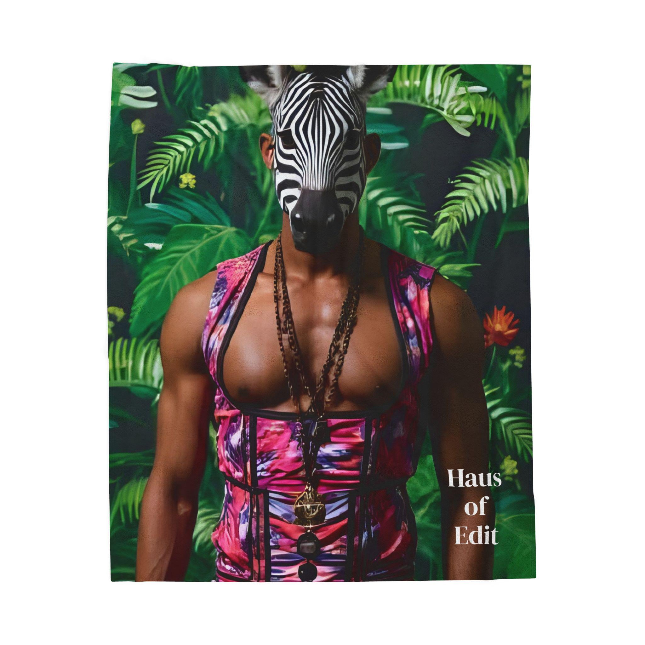 Velveteen Blanket, Tropical Corseted Man with Zebra Head, Haus of Edit, Home Decor, Dorm Bedding, Cozy Throw, Gift for Her