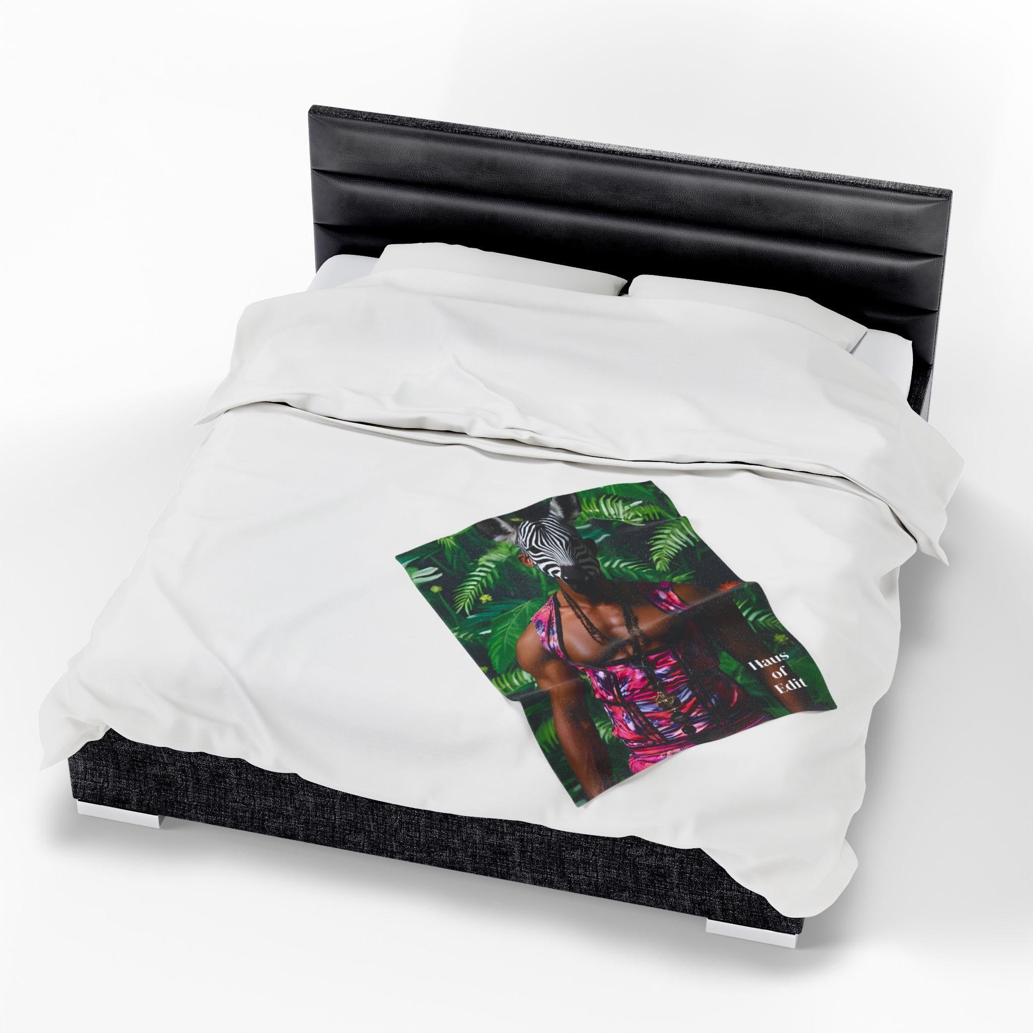 Velveteen Blanket, Tropical Corseted Man with Zebra Head, Haus of Edit, Home Decor, Dorm Bedding, Cozy Throw, Gift for Her